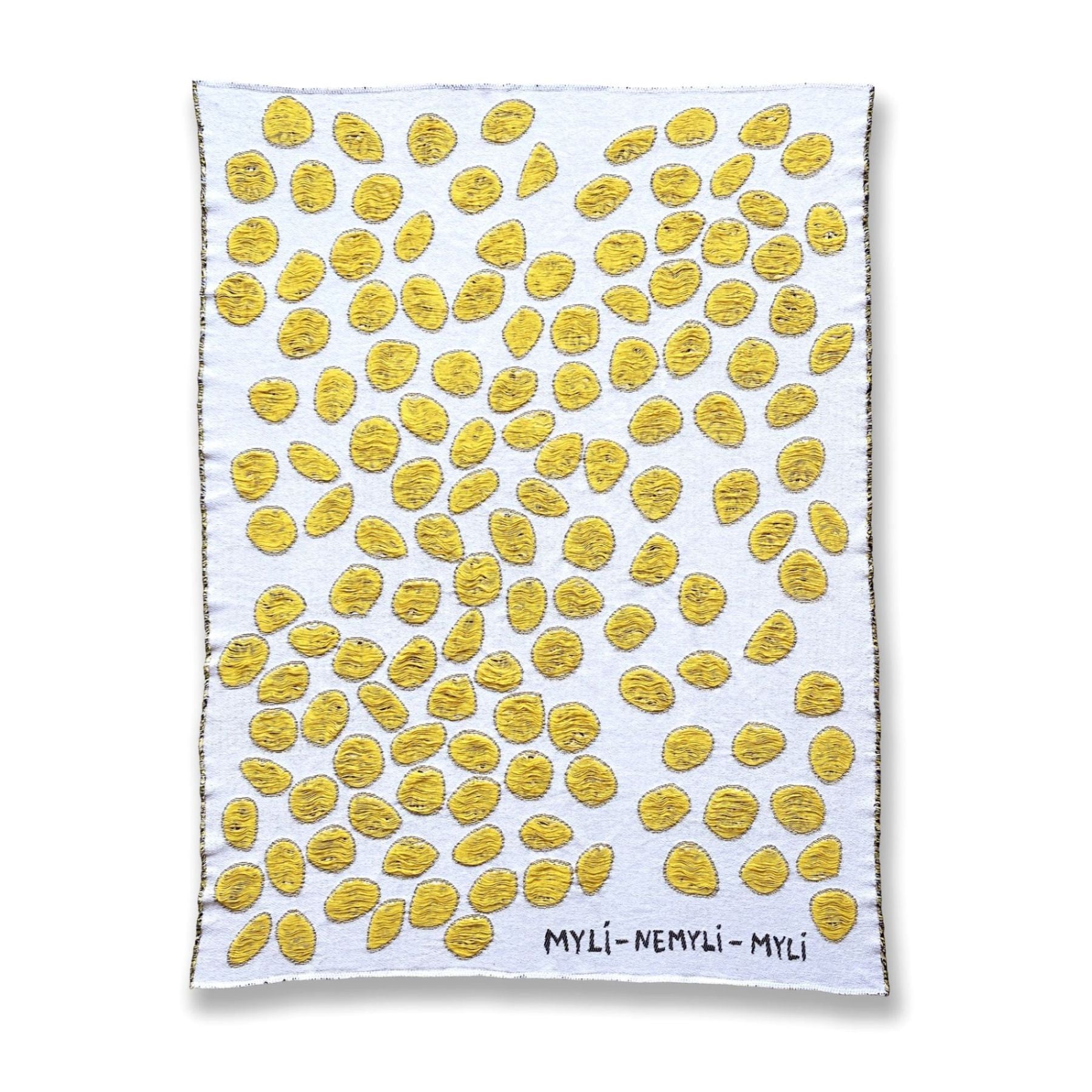 Front view of cotton blanket with white background and yellow circular pattern designed by Liucija Kostiva