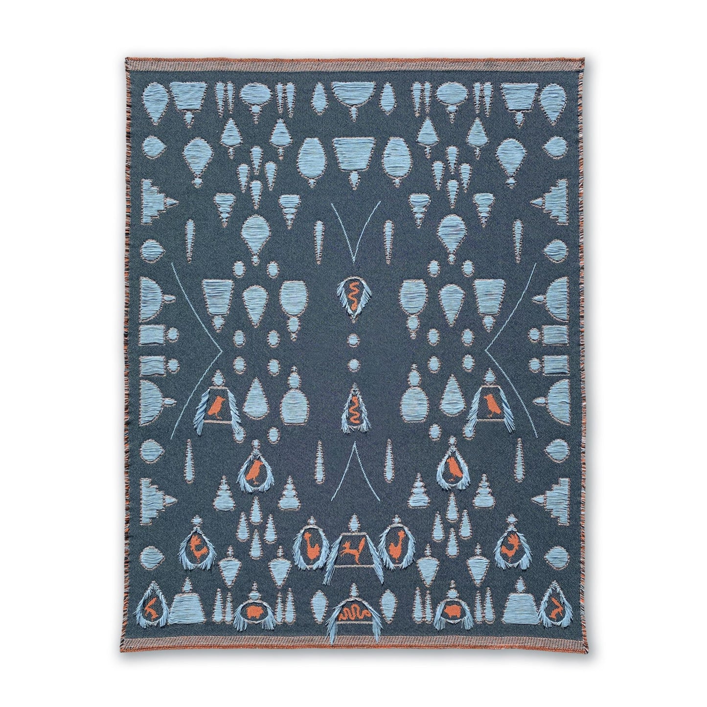 Cotton blanket front view showing topiary garden and animals pattern, designed by Liucija Kostiva