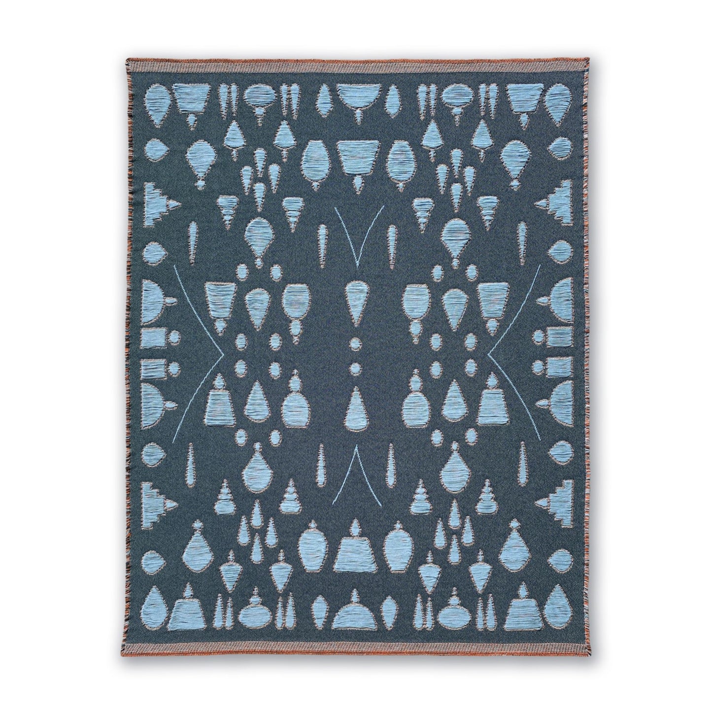 Front view of blue cotton blanket with abstract garden pattern, designed by Liucija Kostiva
