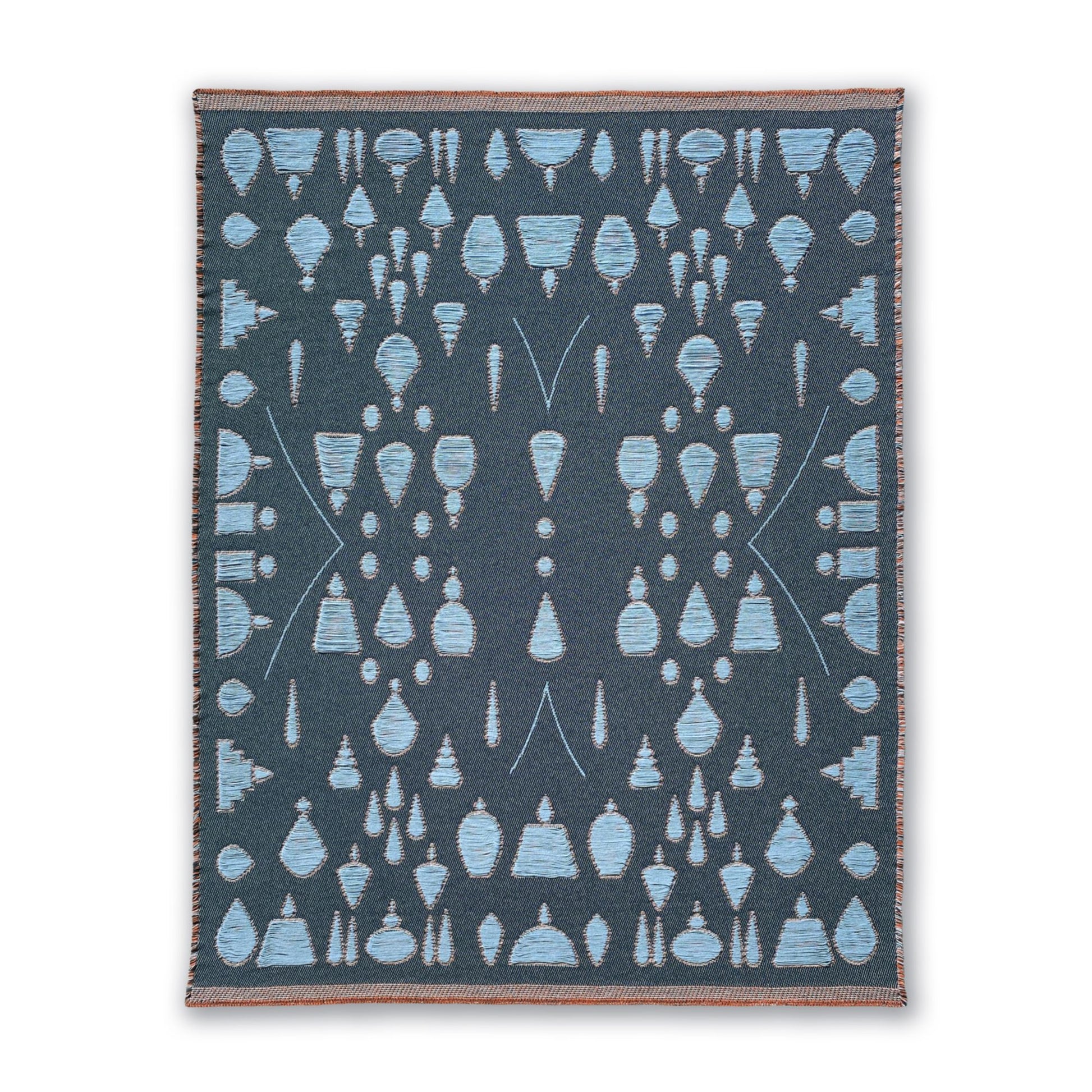 Front view of blue cotton blanket with abstract garden pattern, designed by Liucija Kostiva