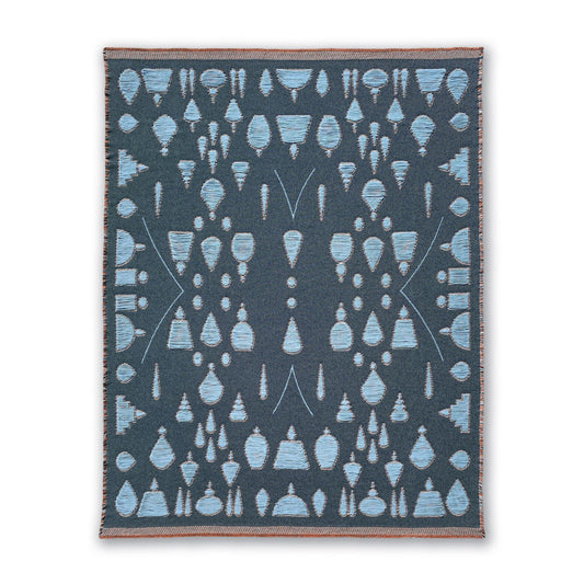 Front view of blue cotton blanket with abstract garden pattern, designed by Liucija Kostiva